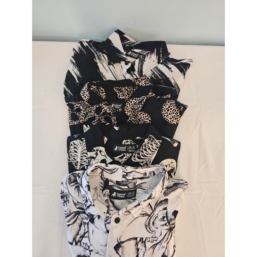 [Grunge Goth] Cuidado con el Perro Button Down Bundle Mens XS Black White Skulls